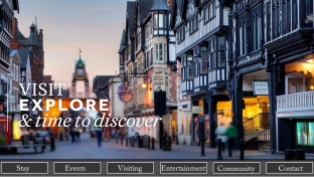 The home page image would produce a beautiful captivating video depicting the prestigious sights of Chester the only thing overlaying this would be a very basic menu at the bottom which would rise up once the video had finished.